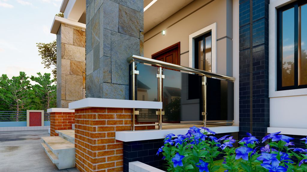 Contemporary house entrance in Ogidi, Nigeria, featuring glass railing, brick and stone design.